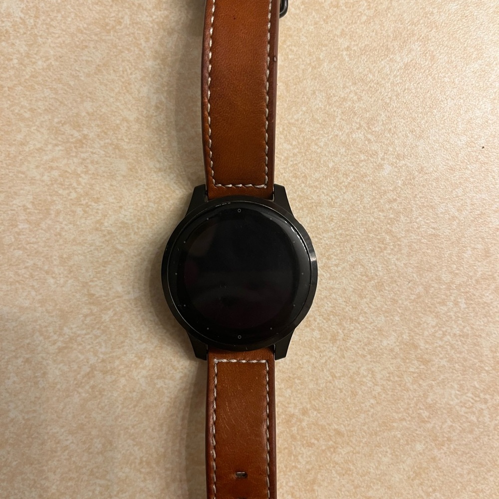 Garmin Vivoactive 4S Smart Watch with Charger and Brown Leather Band
